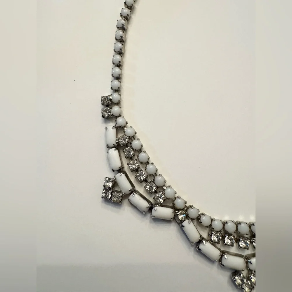 Vintage Milk Glass Rhinestone Bib Necklace Mid Century - Bridal, Formal, Prom